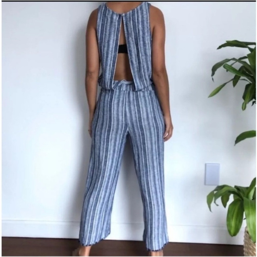 Cloth & Stone Striped Linen Blend Wide Leg Jumpsuit Belted Cropped Open Back L - Picture 2 of 11
